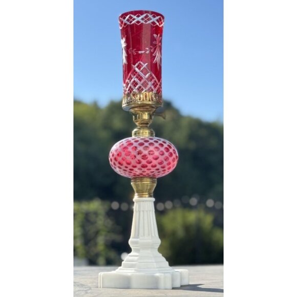 Vintage Cranberry Hobnail Glass Lamp Fenton Style Cut to Clear Shade Milk Glass - Picture 4 of 16